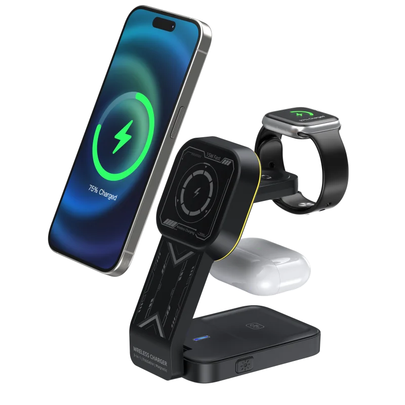 New Design Wholesales 15W Max Wireless Charger with Soft Led Light Control 3 in 1 Wireless Charger Stand for iphone and Watch