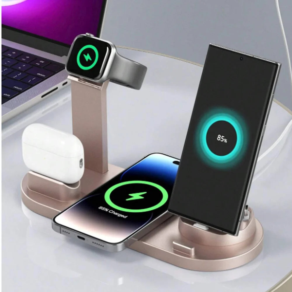 Station de charge sans fil 4 en 1 – Chargez iPhone et Android, AirPods & Apple Watch en un seul geste ⚡