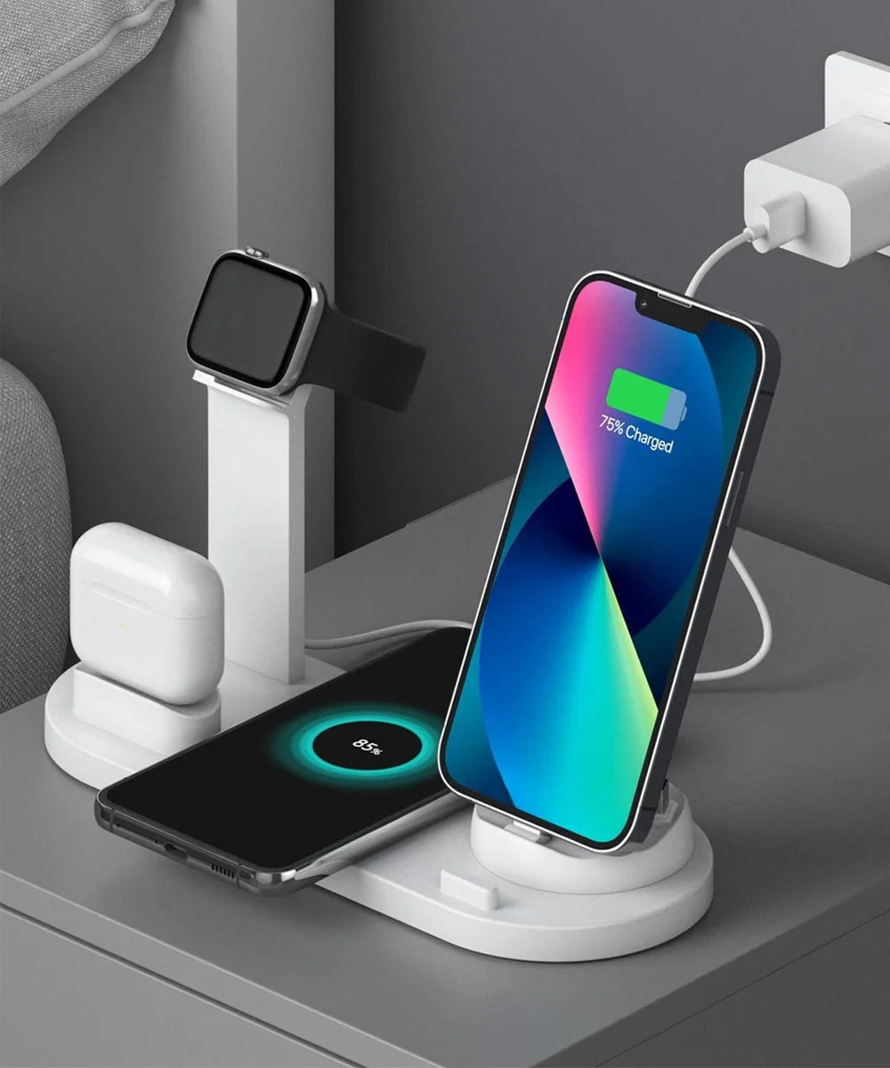 Station de charge sans fil 4 en 1 – Chargez iPhone et Android, AirPods & Apple Watch en un seul geste ⚡