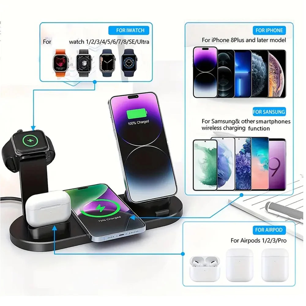 Station de charge sans fil 4 en 1 – Chargez iPhone et Android, AirPods & Apple Watch en un seul geste ⚡