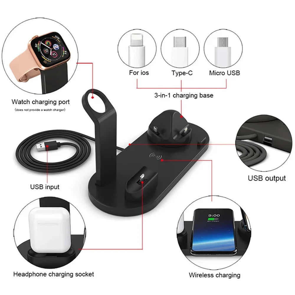 Station de charge sans fil 4 en 1 – Chargez iPhone et Android, AirPods & Apple Watch en un seul geste ⚡
