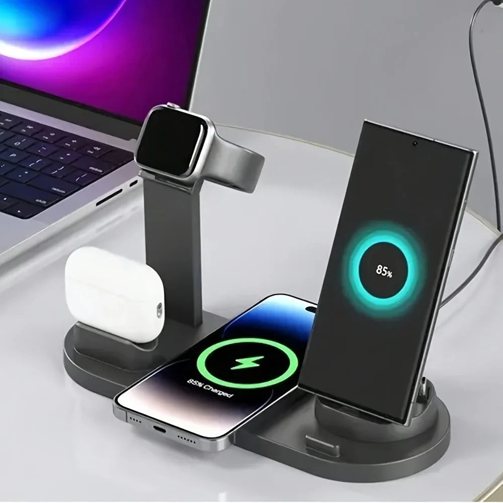 Station de charge sans fil 4 en 1 – Chargez iPhone et Android, AirPods & Apple Watch en un seul geste ⚡