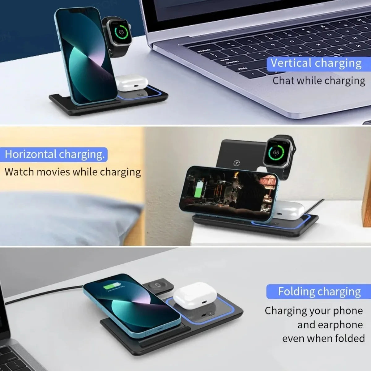 3 in 1 Wireless Travel Charger Stand For iPhone 16~12 Pro Max iWatch S10~2 SE Ultra AirPods 4/3 Pro Foldable Fast Charging Dock