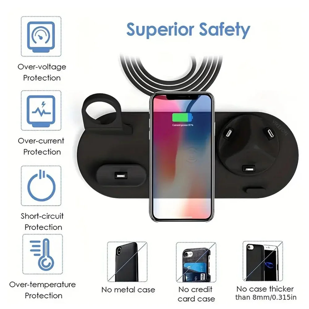 Station de charge sans fil 4 en 1 – Chargez iPhone et Android, AirPods & Apple Watch en un seul geste ⚡