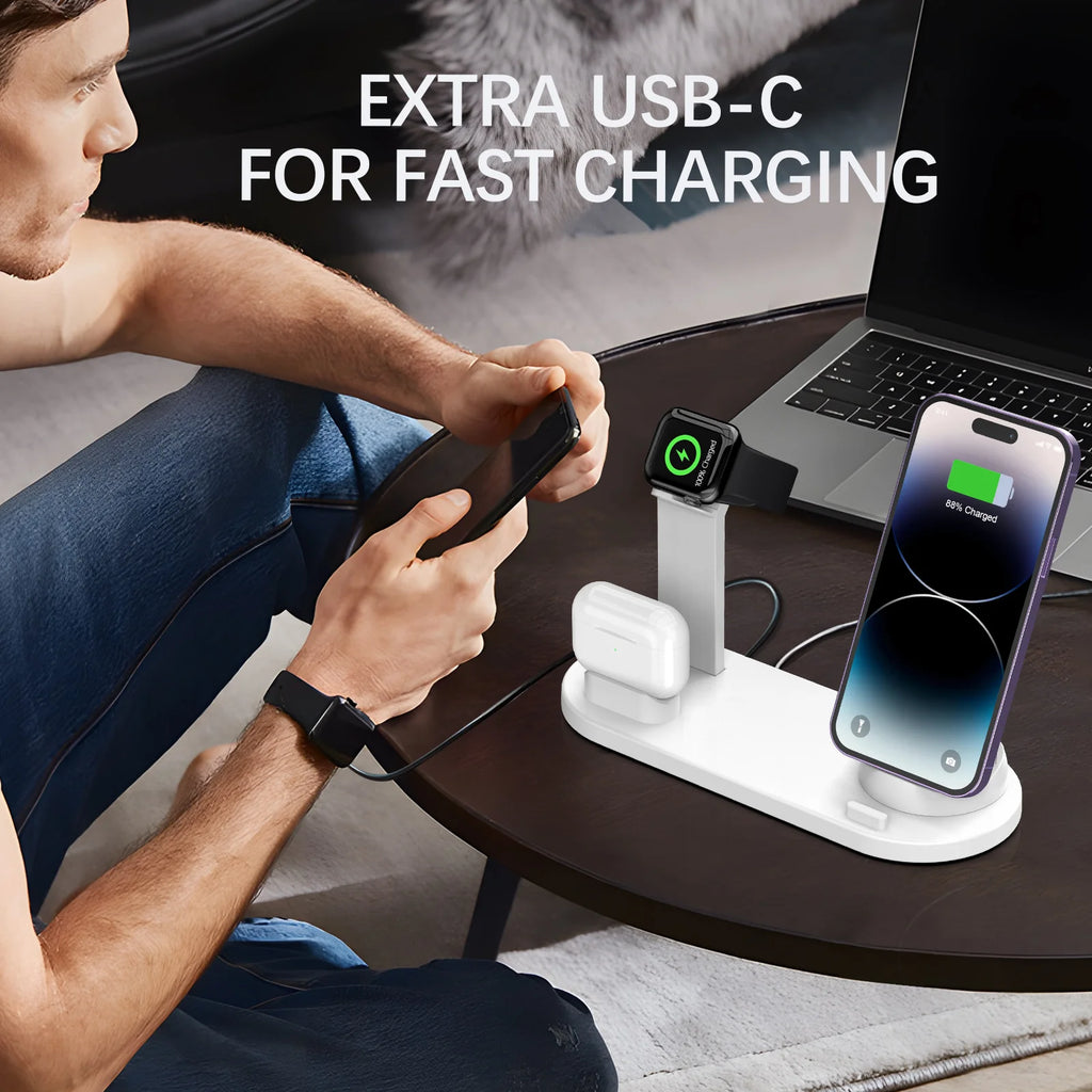 Station de charge sans fil 4 en 1 – Chargez iPhone et Android, AirPods & Apple Watch en un seul geste ⚡