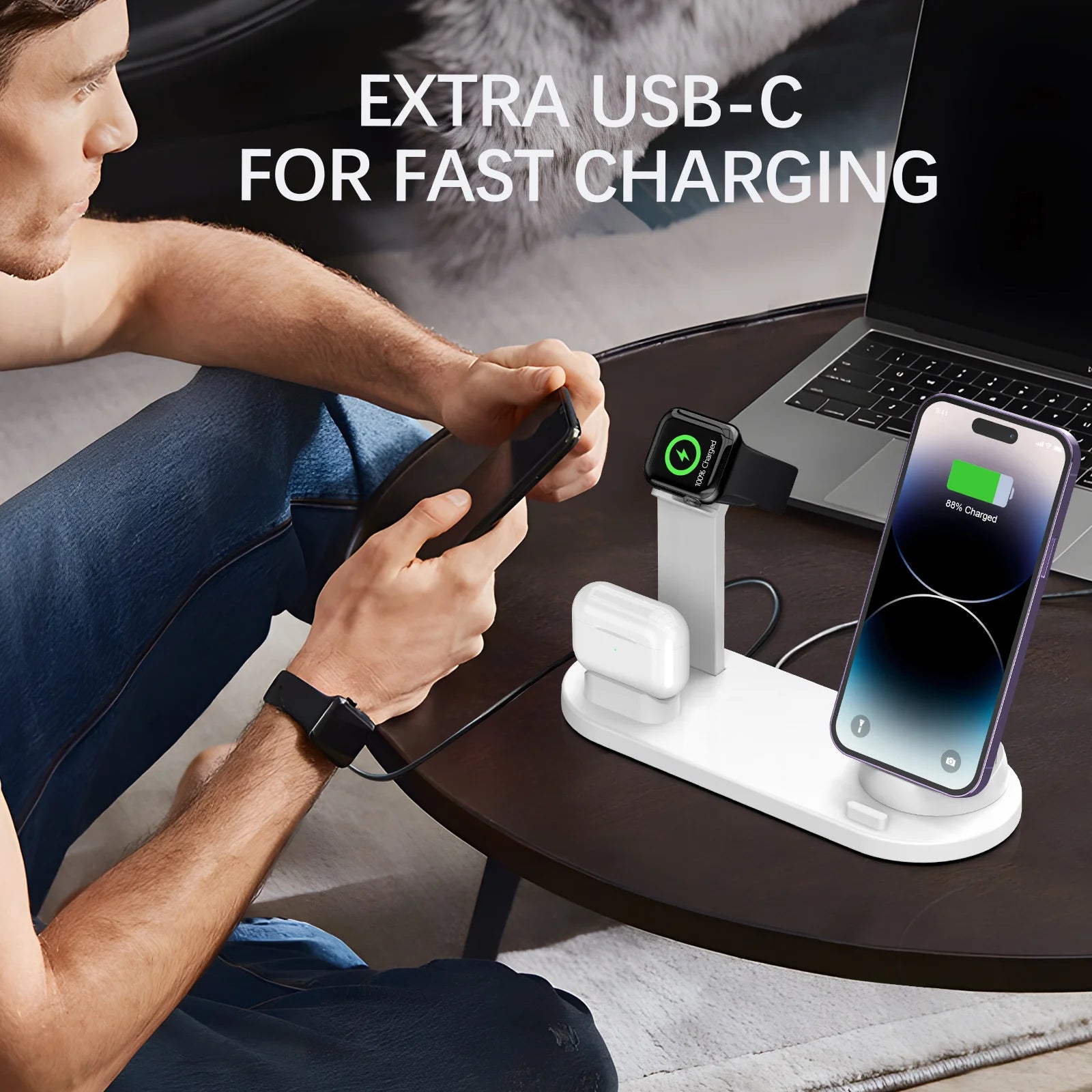 Station de charge sans fil 4 en 1 – Chargez iPhone et Android, AirPods & Apple Watch en un seul geste ⚡