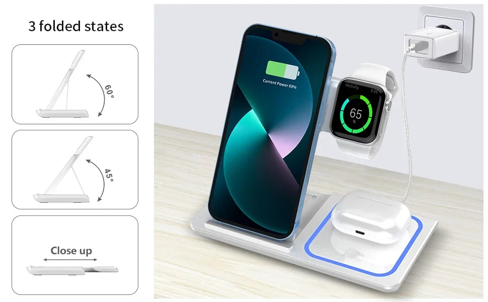 3 in 1 Wireless Travel Charger Stand For iPhone 16~12 Pro Max iWatch S10~2 SE Ultra AirPods 4/3 Pro Foldable Fast Charging Dock