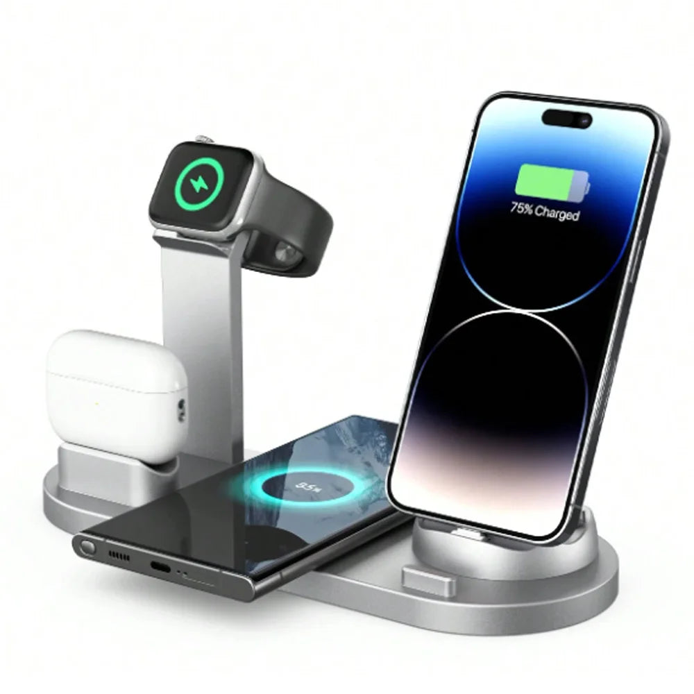 Station de charge sans fil 4 en 1 – Chargez iPhone et Android, AirPods & Apple Watch en un seul geste ⚡