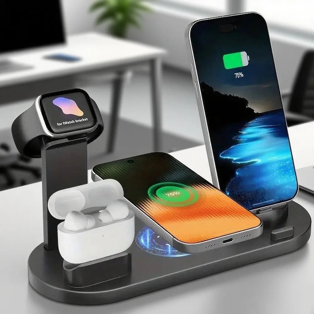 Station de charge sans fil 4 en 1 – Chargez iPhone et Android, AirPods & Apple Watch en un seul geste ⚡
